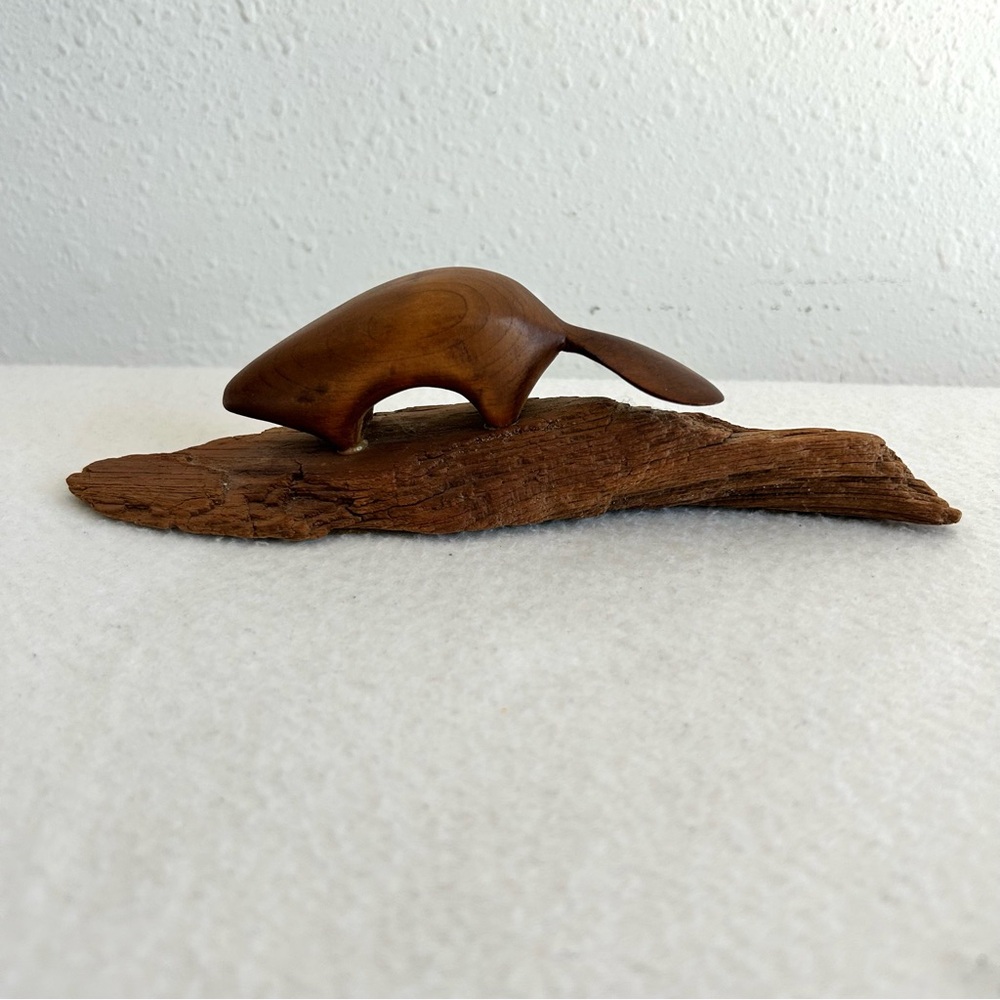 Beaver Carving Handcrafted Figurine on Bark Wood Natural Vintage Sculpture